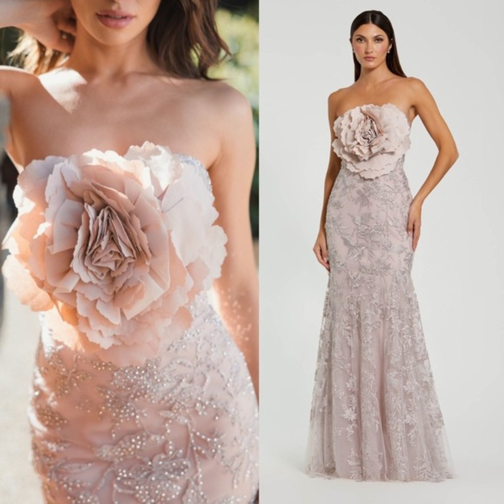 Mac Duggal Pink Strapless Lace Embellished Trumpet Gown With 3D Flower - Size 4